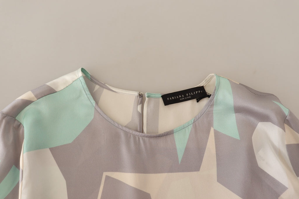 Multicolor Silk Long Sleeves Round Neck Top Blouse