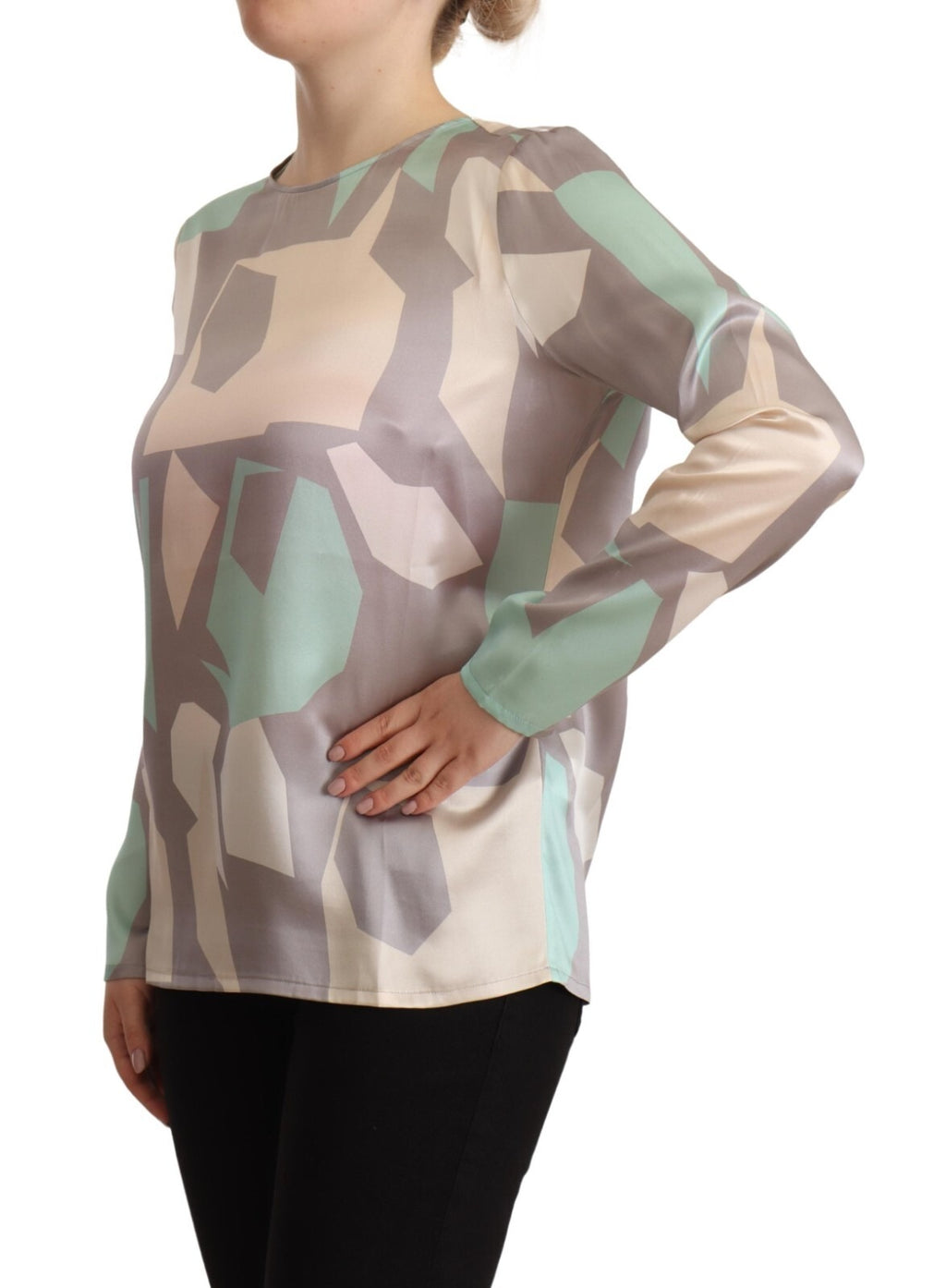Multicolor Silk Long Sleeves Round Neck Top Blouse