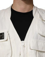 White Cotton Cargo Men Vest Coat Jacket