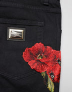 Black Floral Cotton Skinny Men Denim Jeans