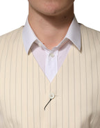Beige Stripes Wool Dress Men Waistcoat Vest