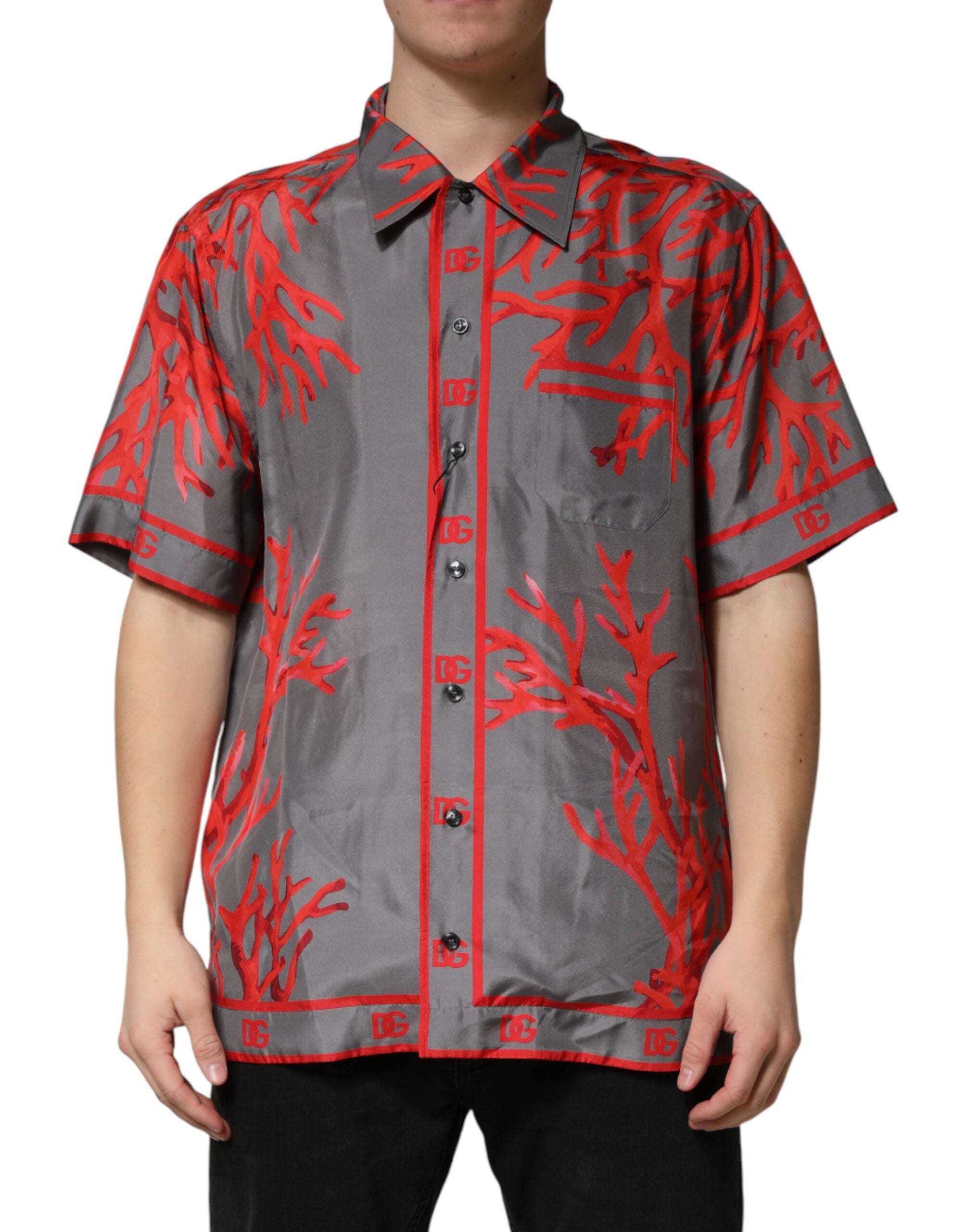 Gray Red Corals Short Sleeves Casual Shirt