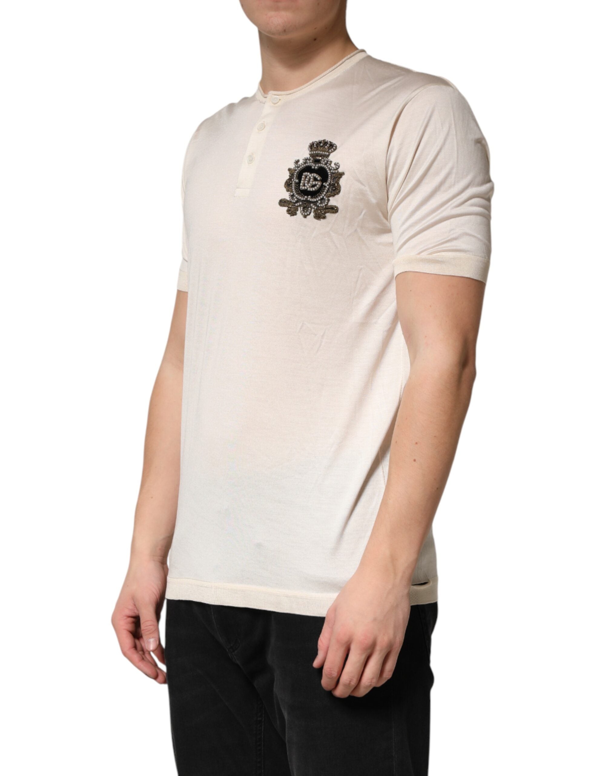 Off White Silk Logo Patch Men Henley T-shirt