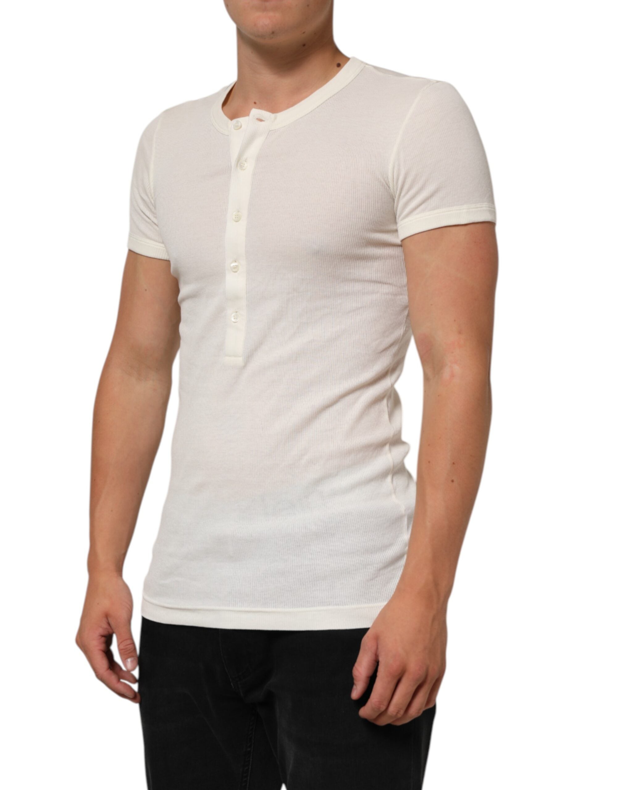 Off White Cotton Short Sleeve Henley T-shirt