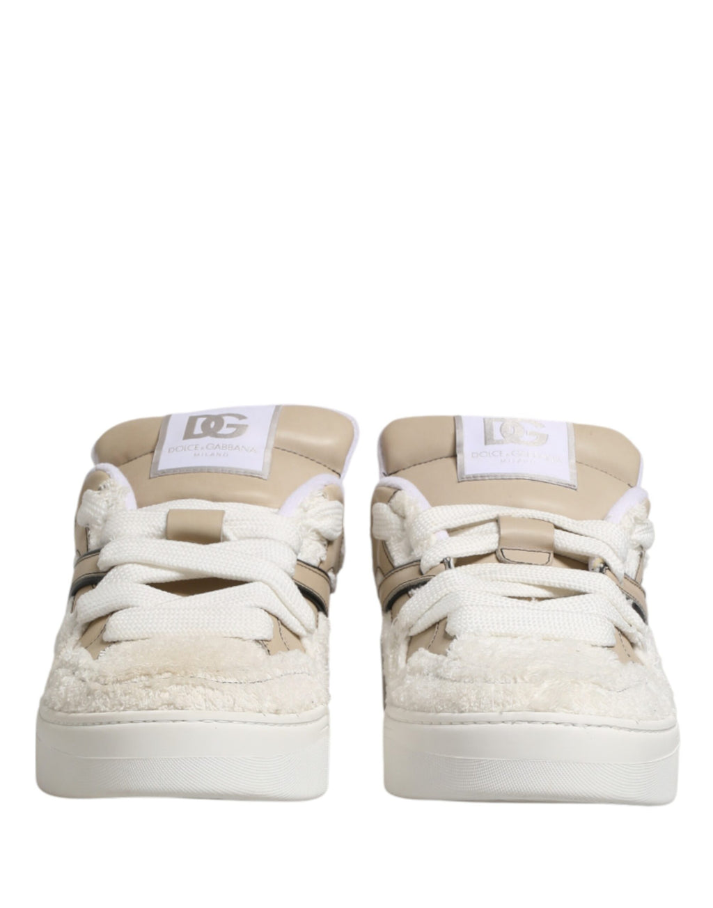 White Beige Faux Shearling Low Top Sneakers Shoes