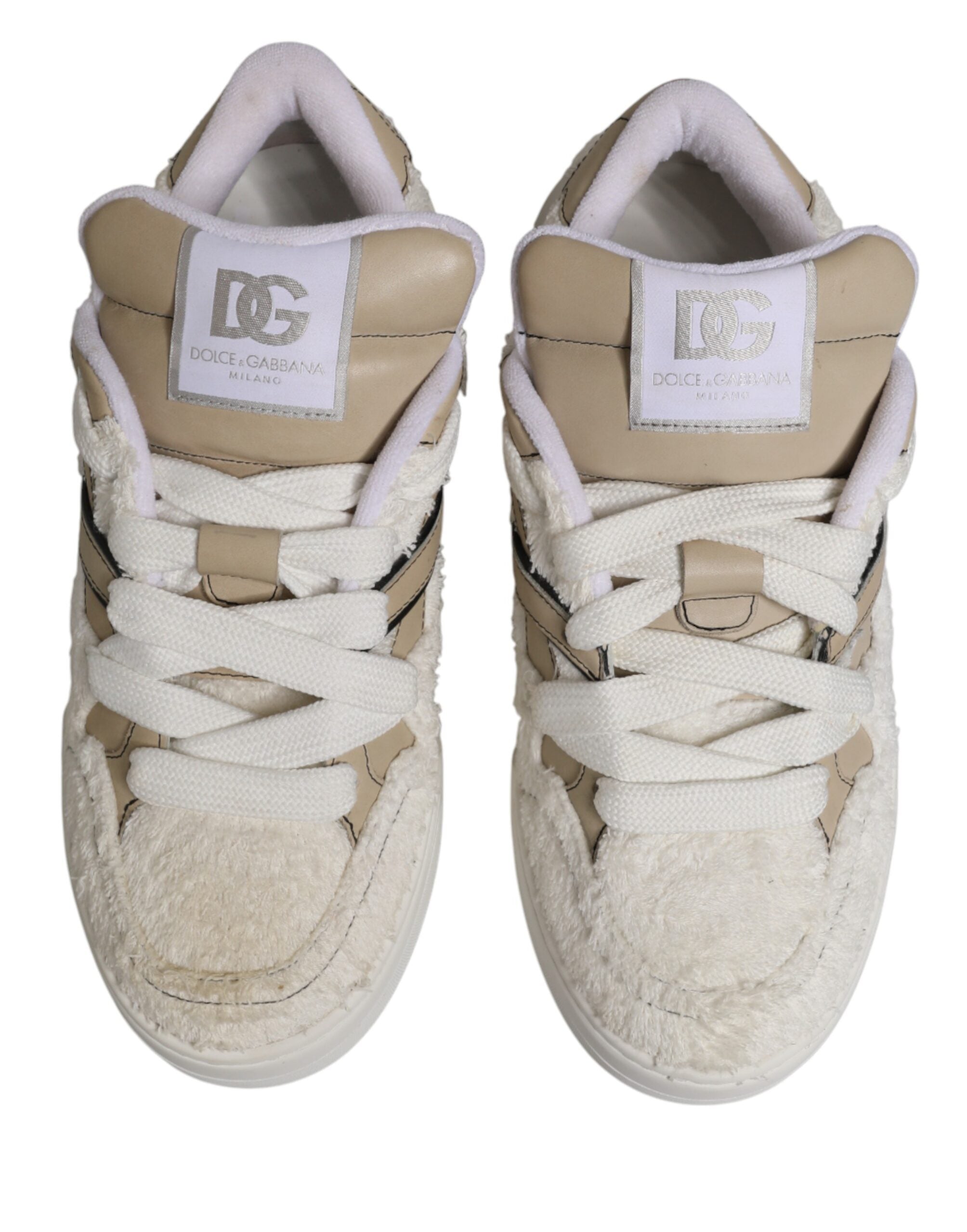 White Beige Faux Shearling Low Top Sneakers Shoes