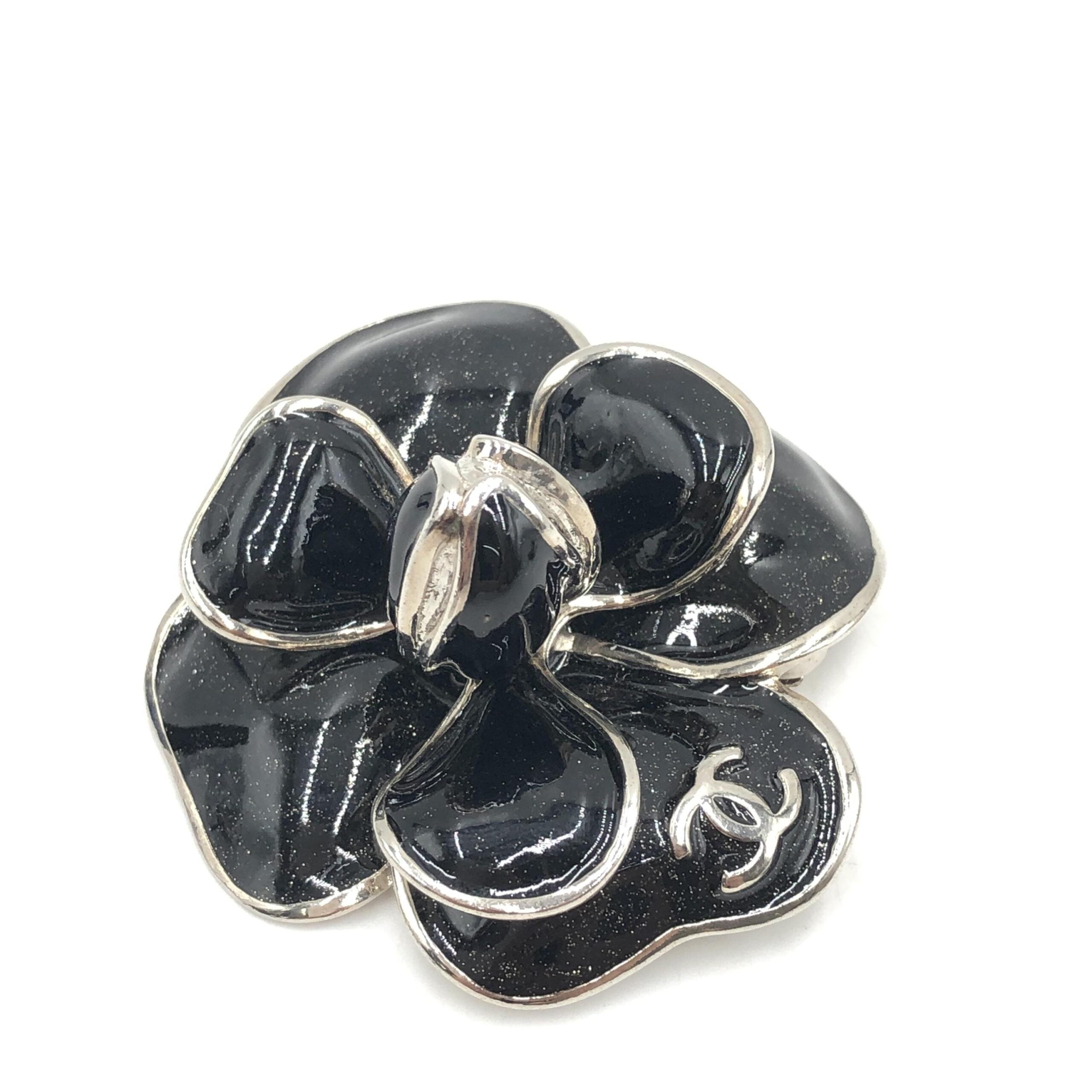 Black Enamel Flower Brooch With Silver-Tone