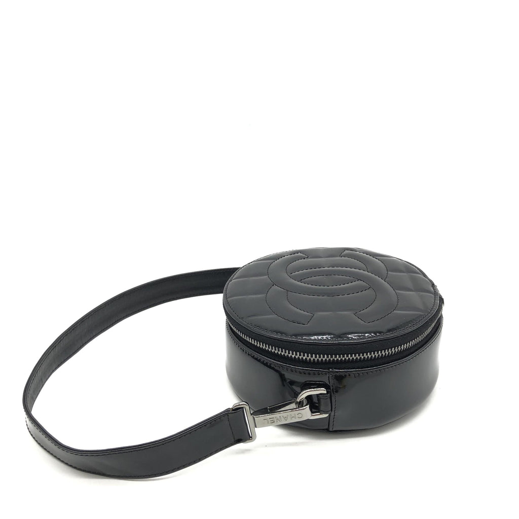 Black Patent Quilted CC Circle Mini Bag
