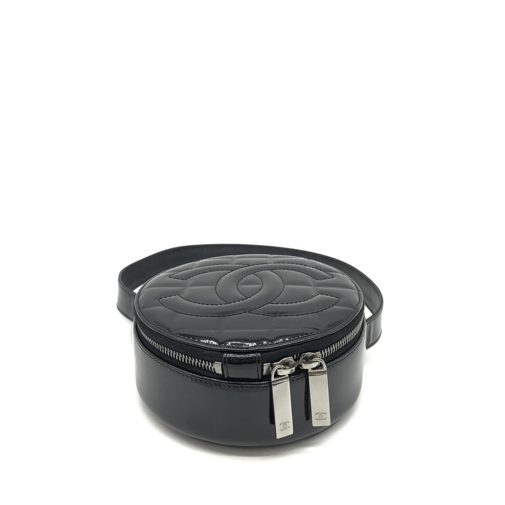 Black Patent Quilted CC Circle Mini Bag
