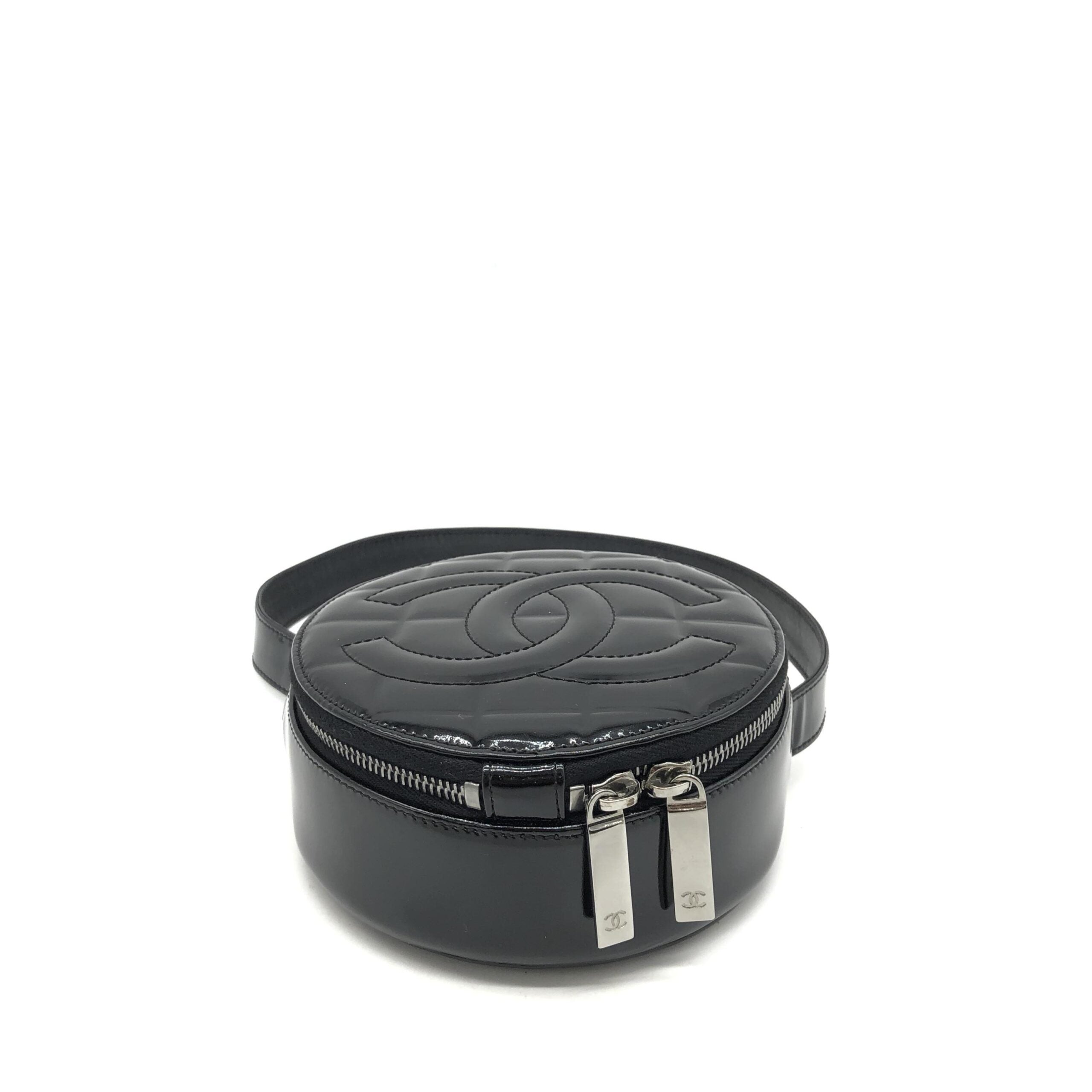Black Patent Quilted CC Circle Mini Bag