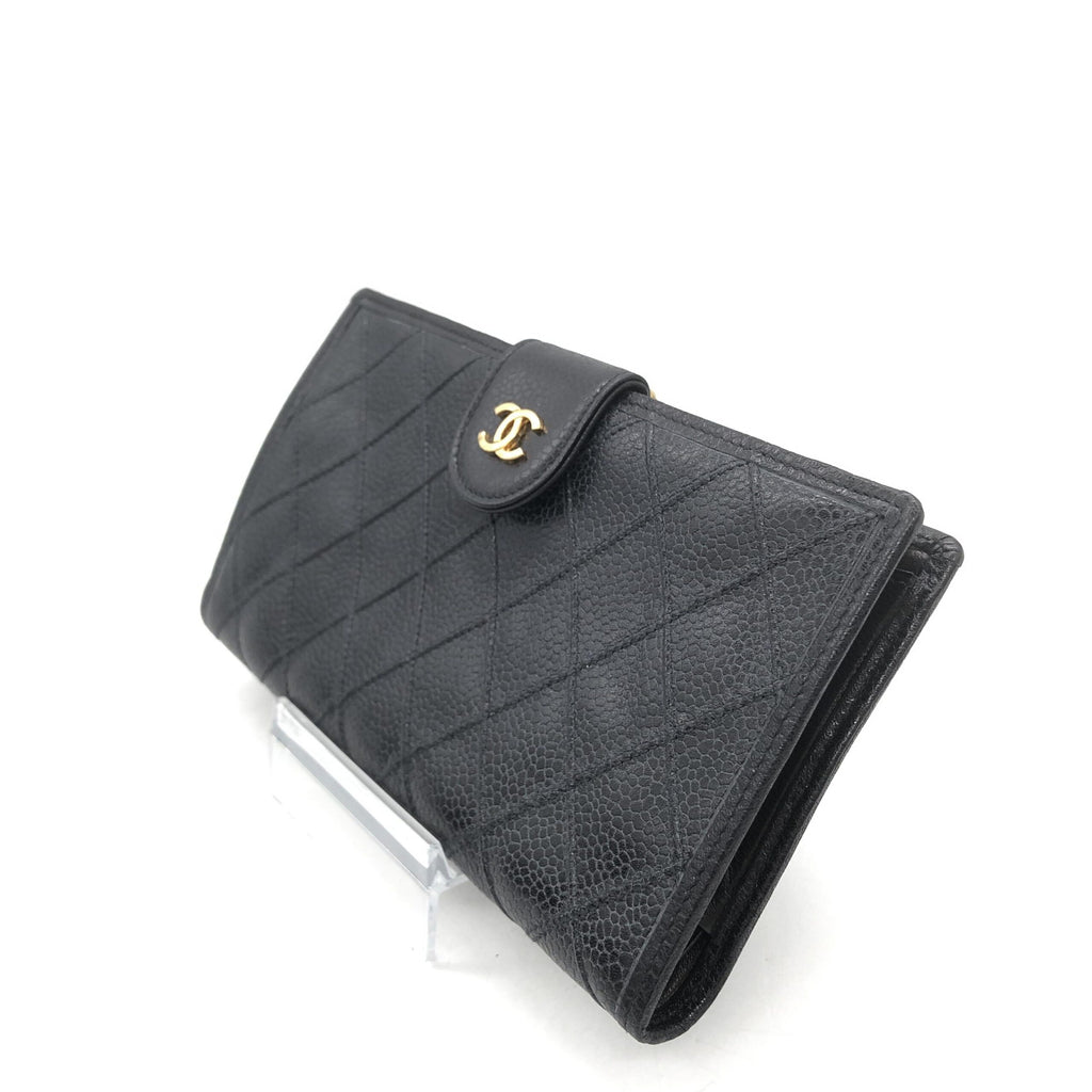 Black Quilted Leather Long Wallet