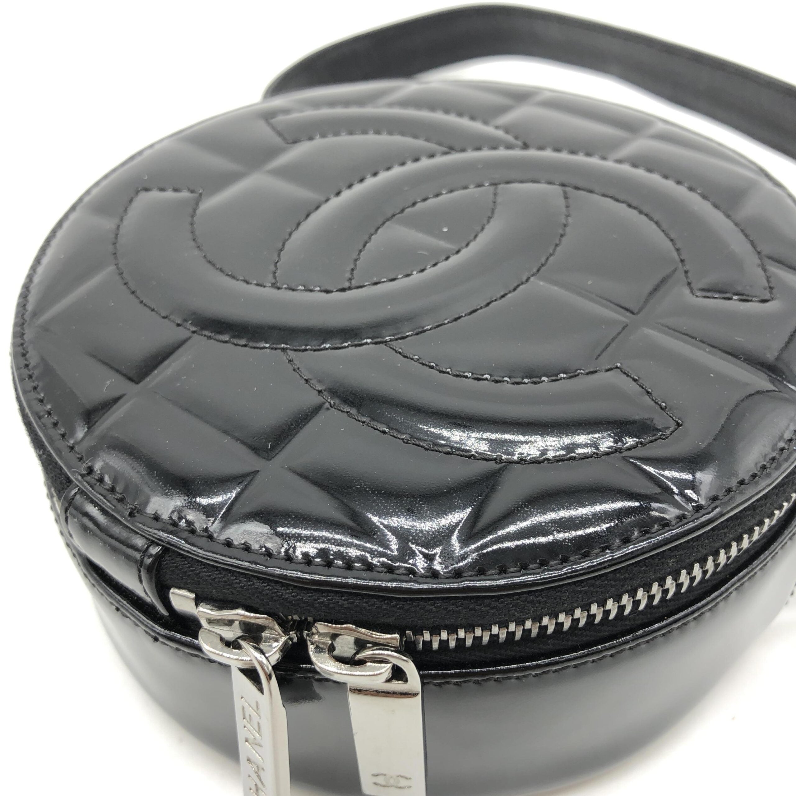 Black Patent Quilted CC Circle Mini Bag