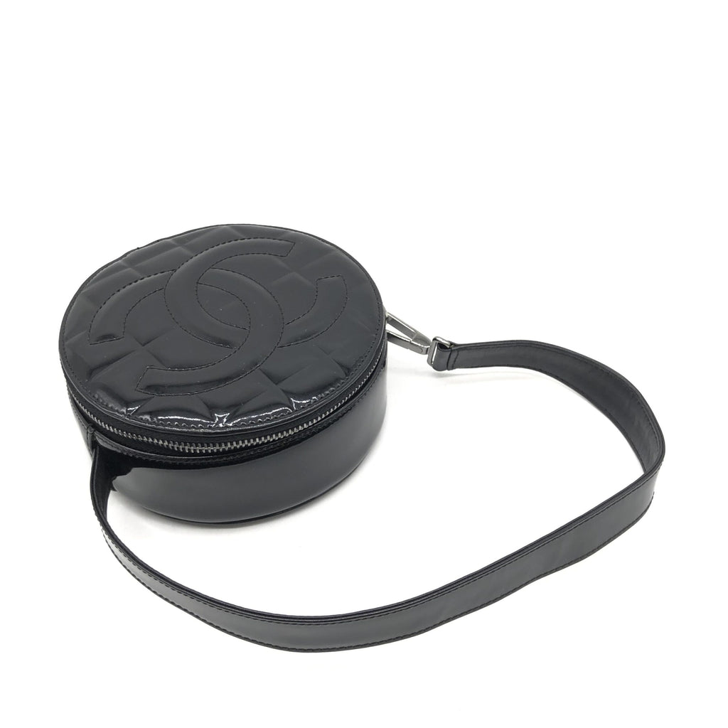 Black Patent Quilted CC Circle Mini Bag
