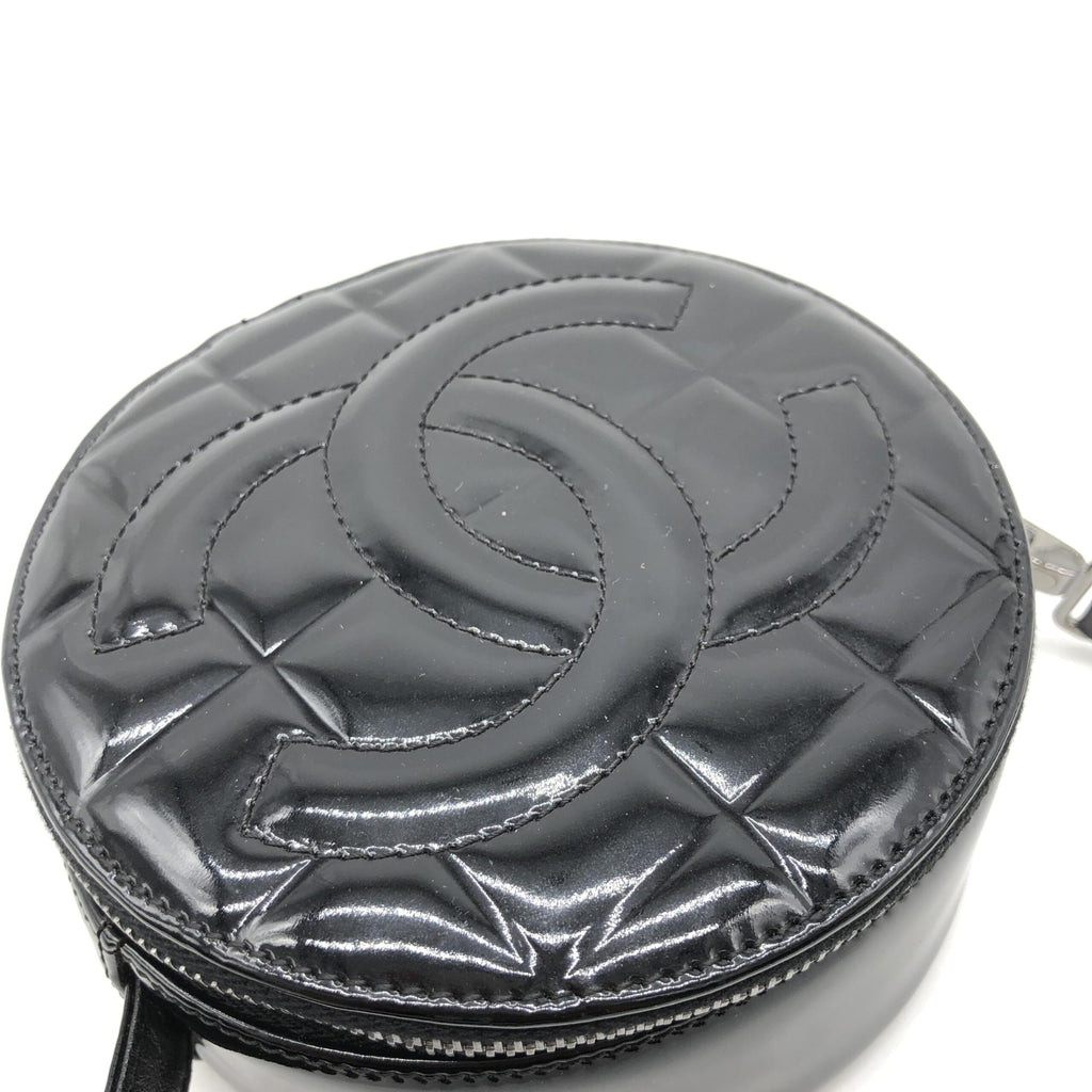 Black Patent Quilted CC Circle Mini Bag