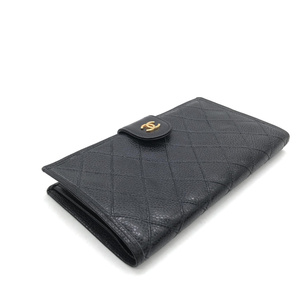 Black Quilted Leather Long Wallet