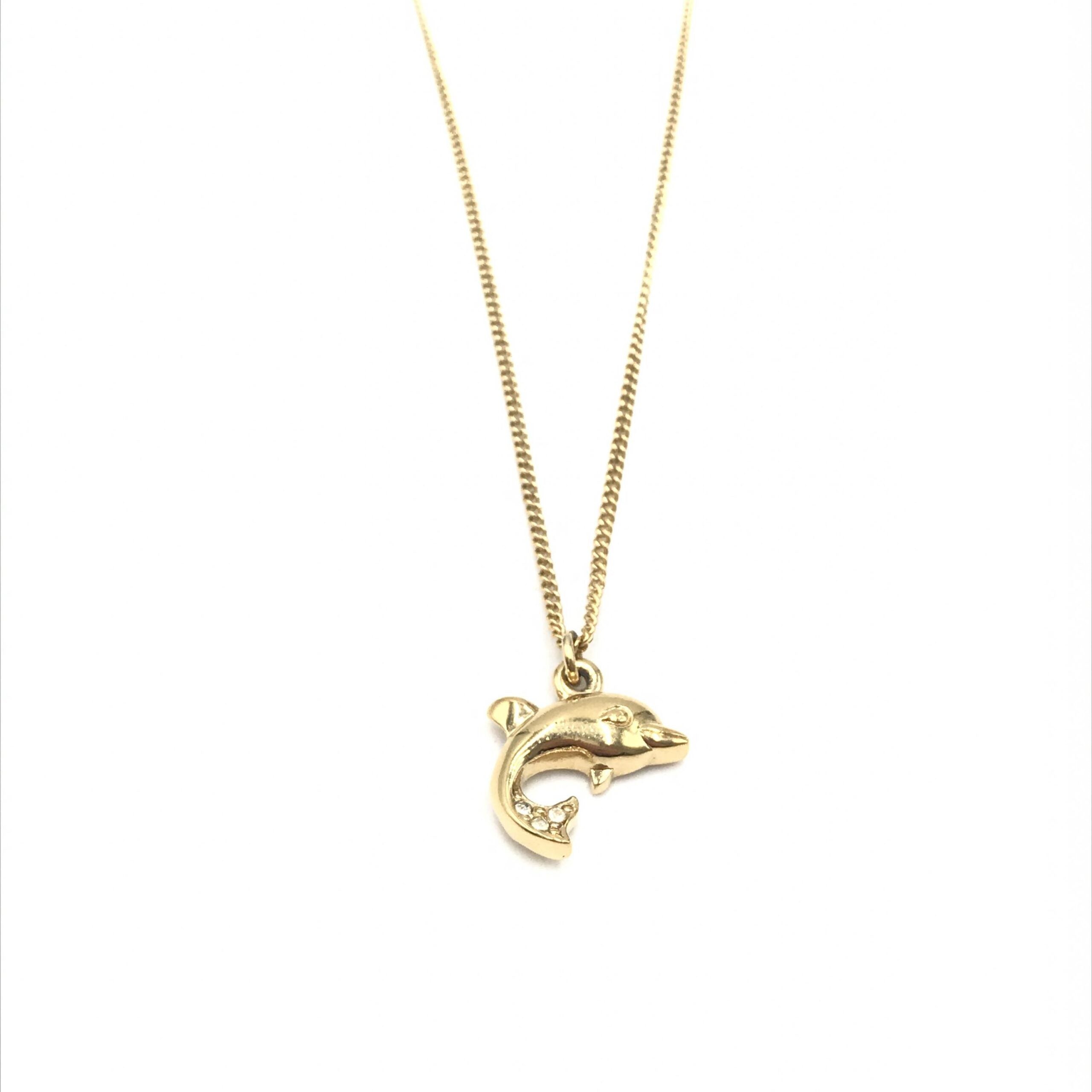 Dolphin Motif Rhinestone Gold Plated Necklace