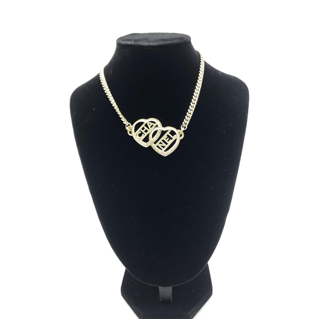 Gold Tone Heart Choker Necklace With Logo