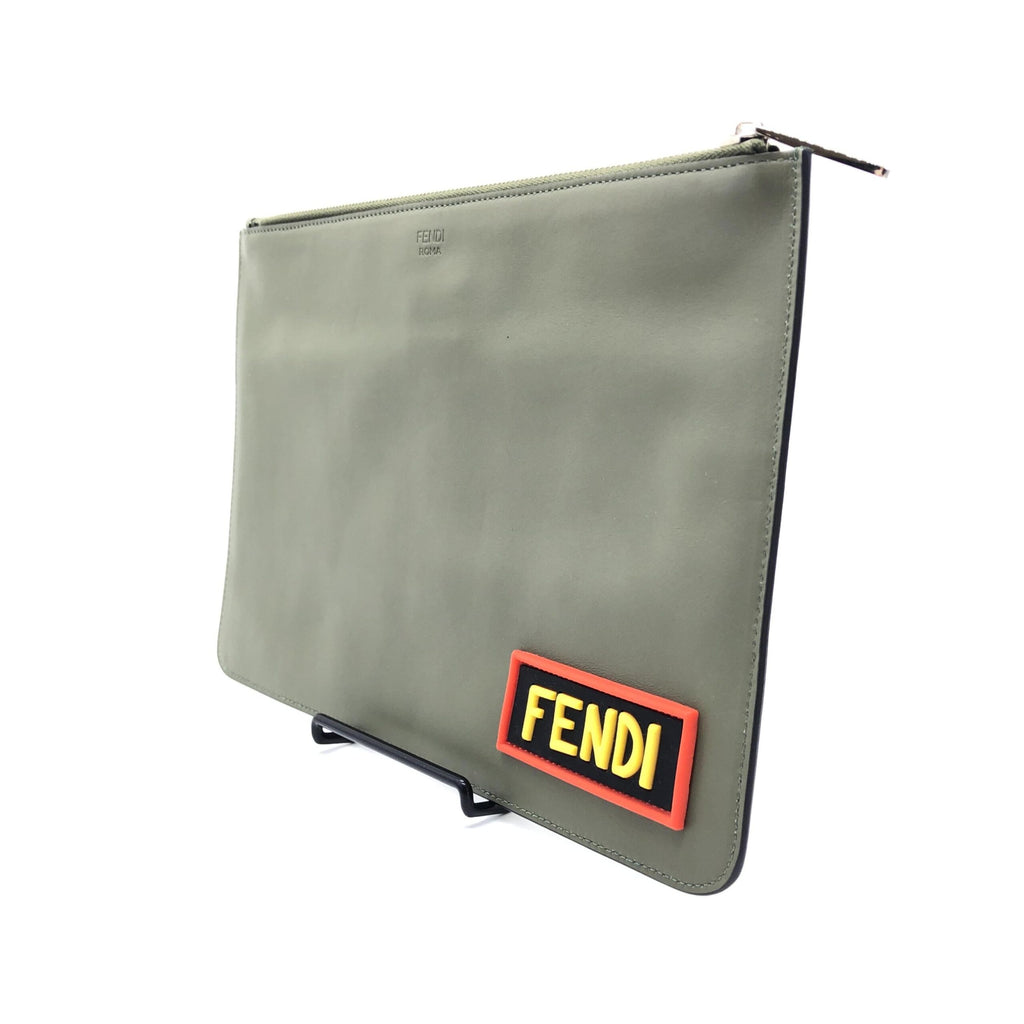 Moss Green Leather Clutch With Logo
