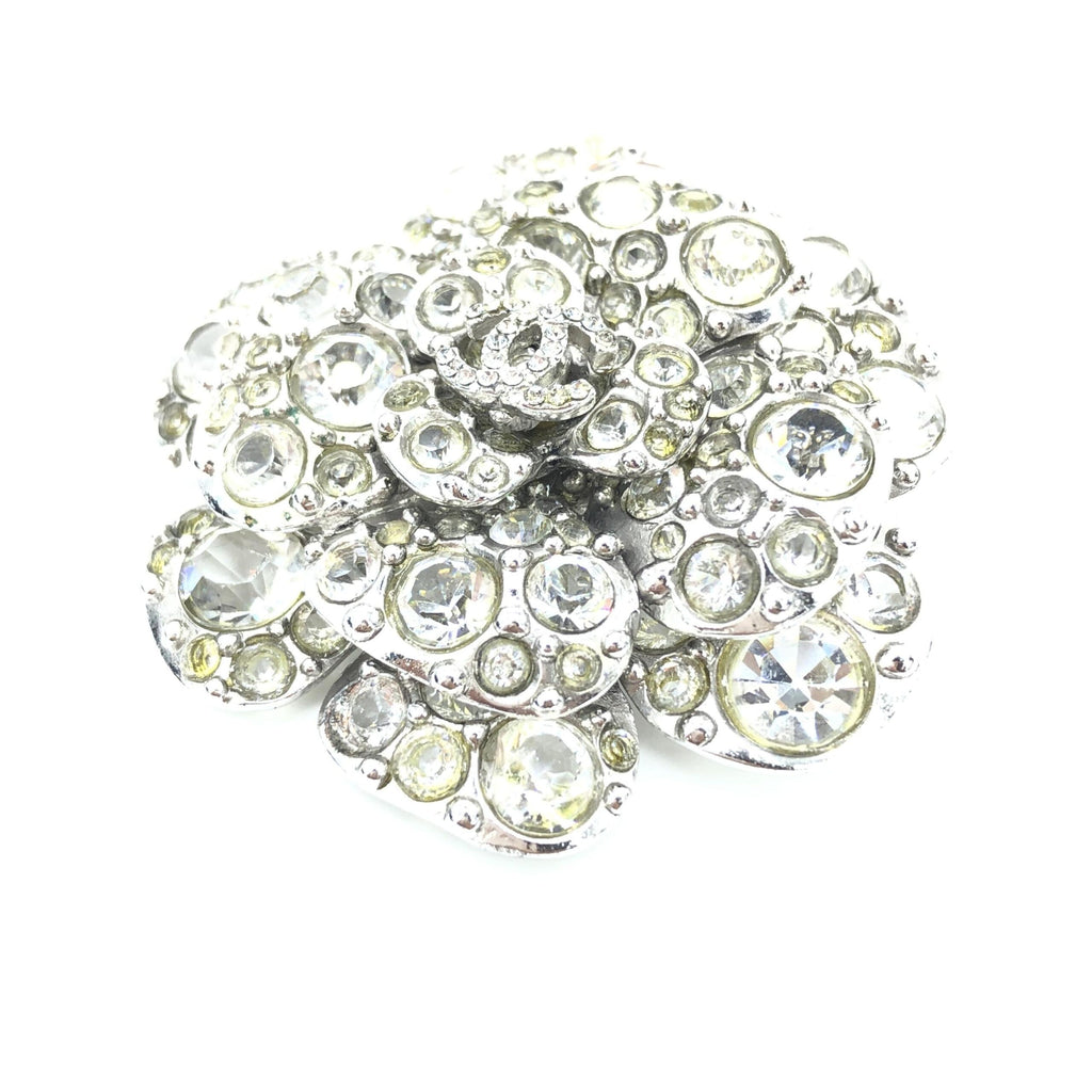 Silver Crystal Camellia Flower Brooch
