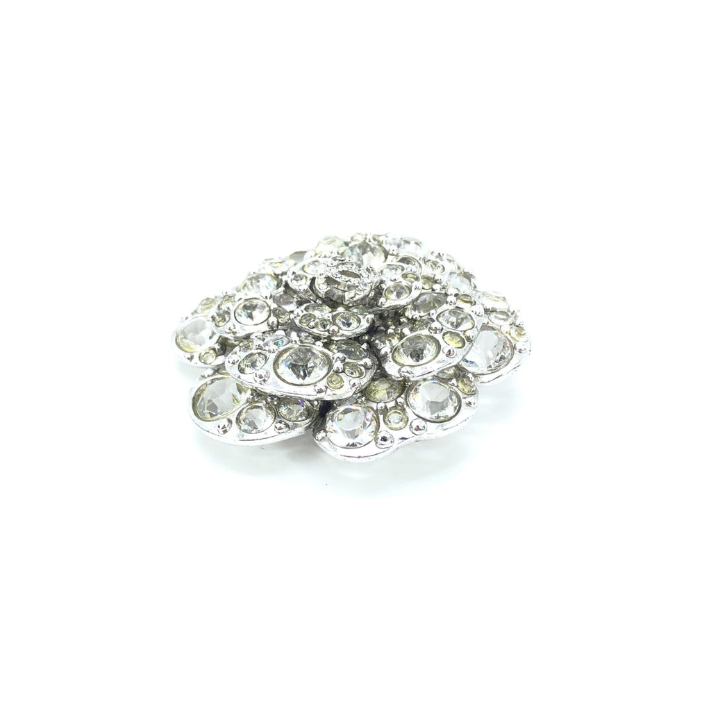 Silver Crystal Camellia Flower Brooch