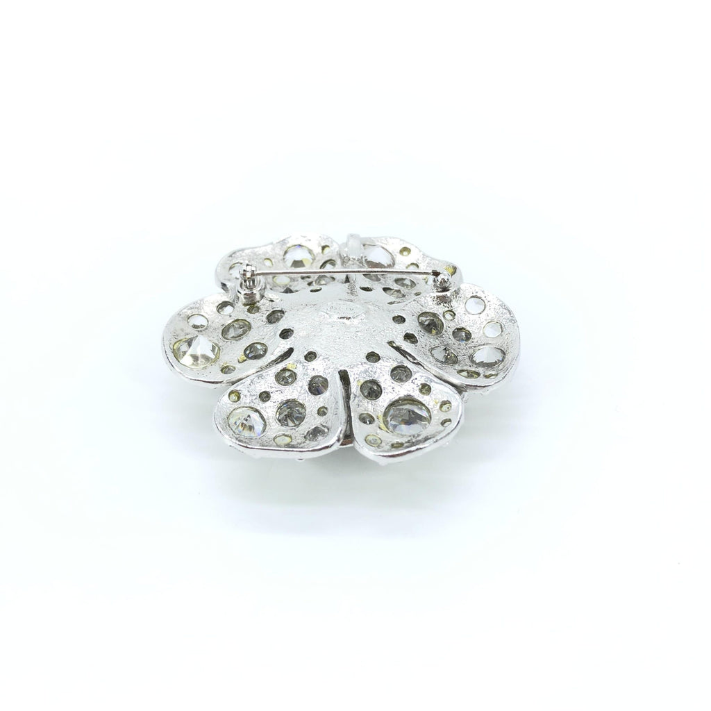 Silver Crystal Camellia Flower Brooch