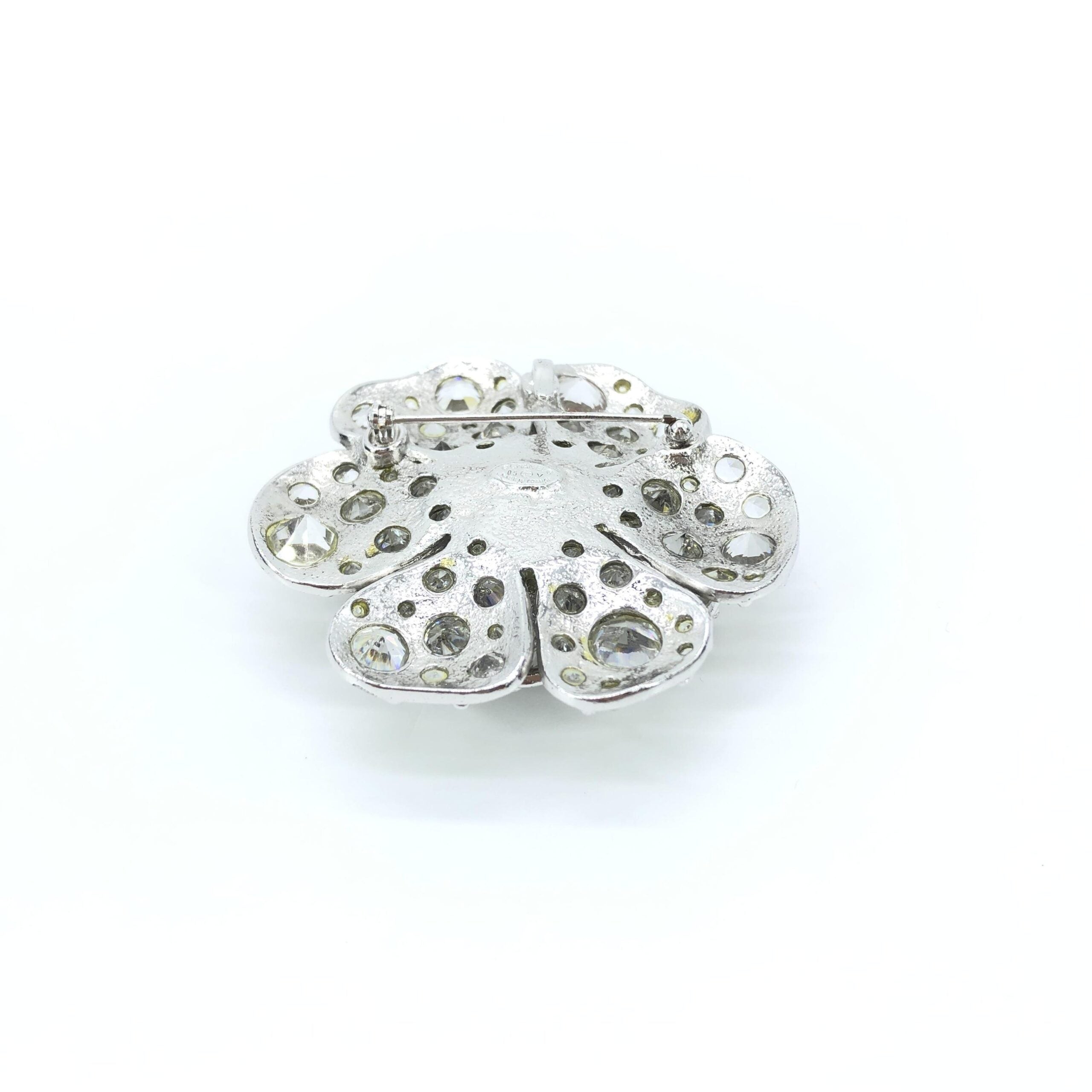 Silver Crystal Camellia Flower Brooch