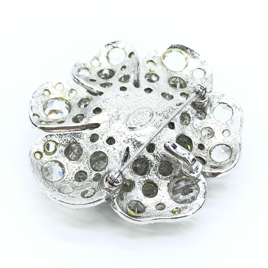 Silver Crystal Camellia Flower Brooch