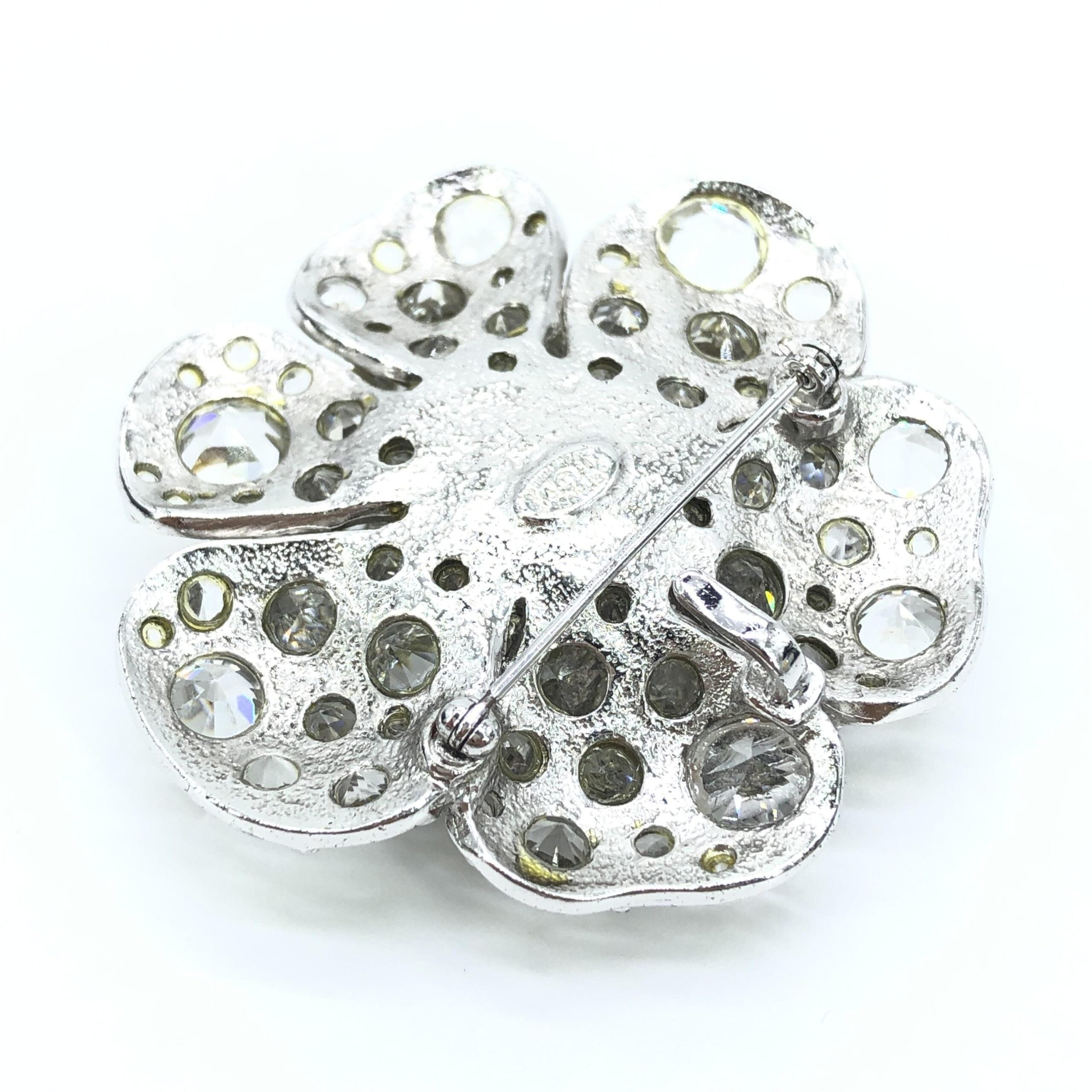 Silver Crystal Camellia Flower Brooch