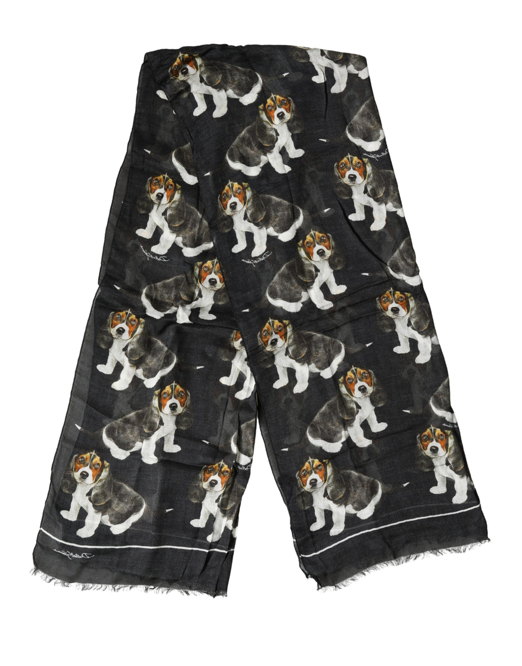 Black Modal Wool Dog Print Fringed 178cm x 64cm Scarf