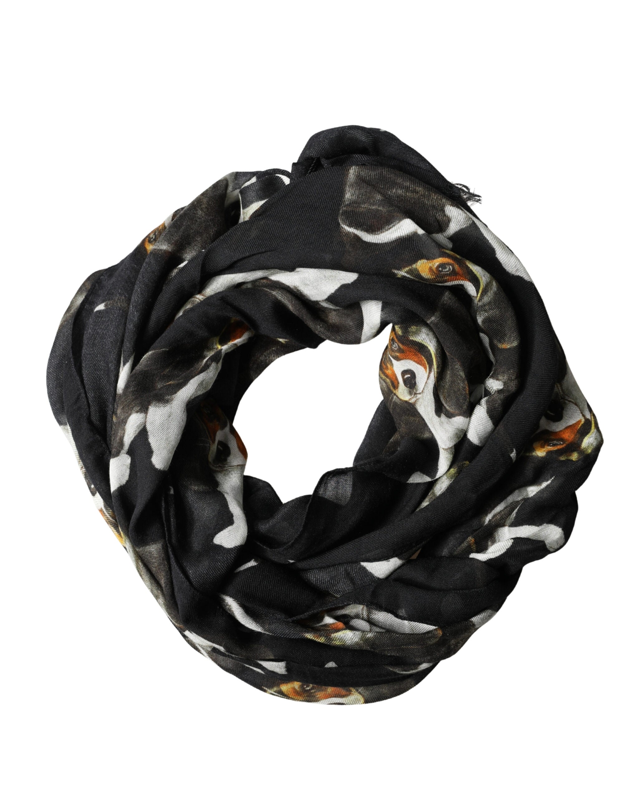 Black Modal Wool Dog Print Fringed 178cm x 64cm Scarf