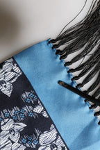 Black Blue Silk Floral Pattern Fringe 140cm x 16cm  Scarf
