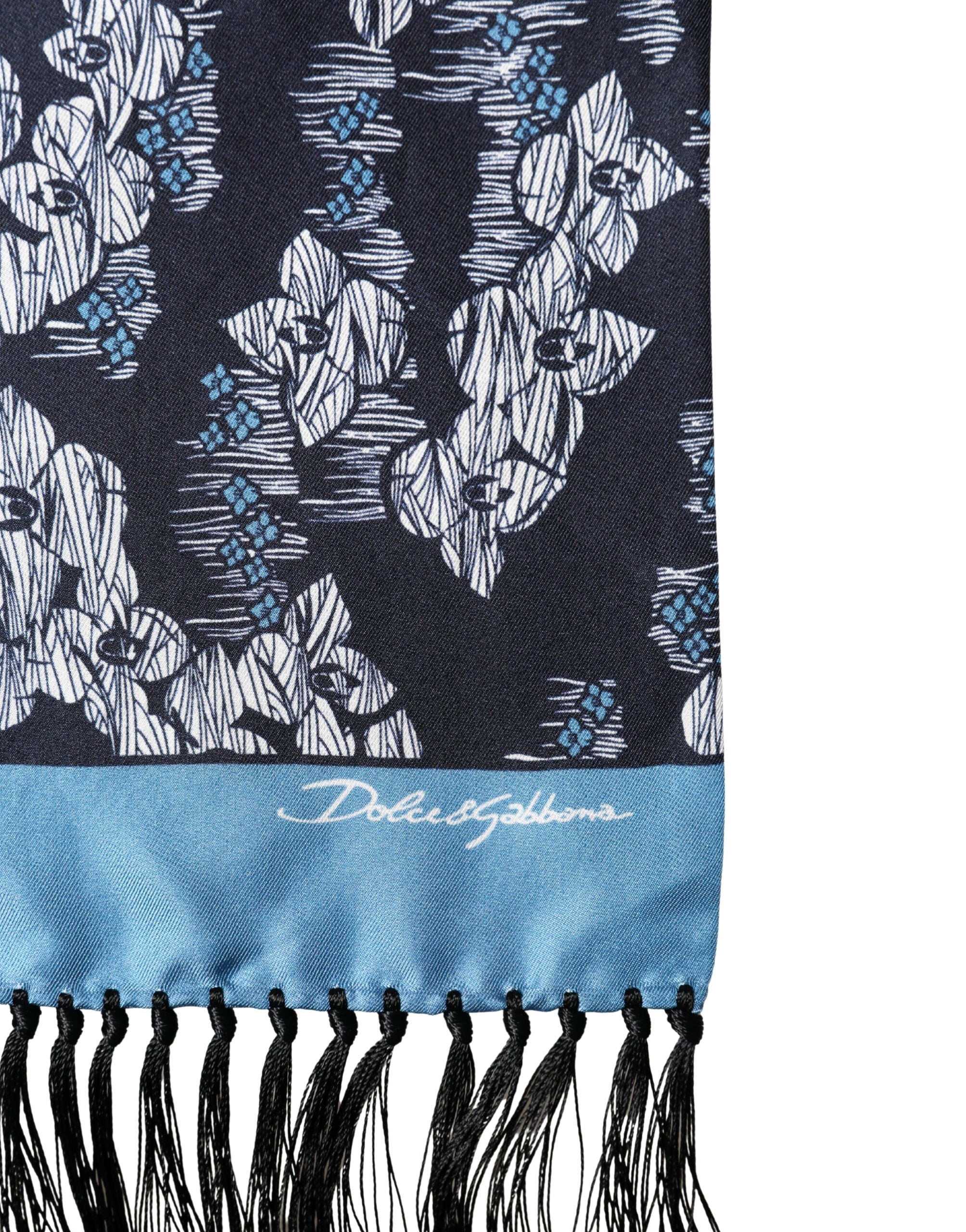 Black Blue Silk Floral Pattern Fringe 140cm x 16cm  Scarf