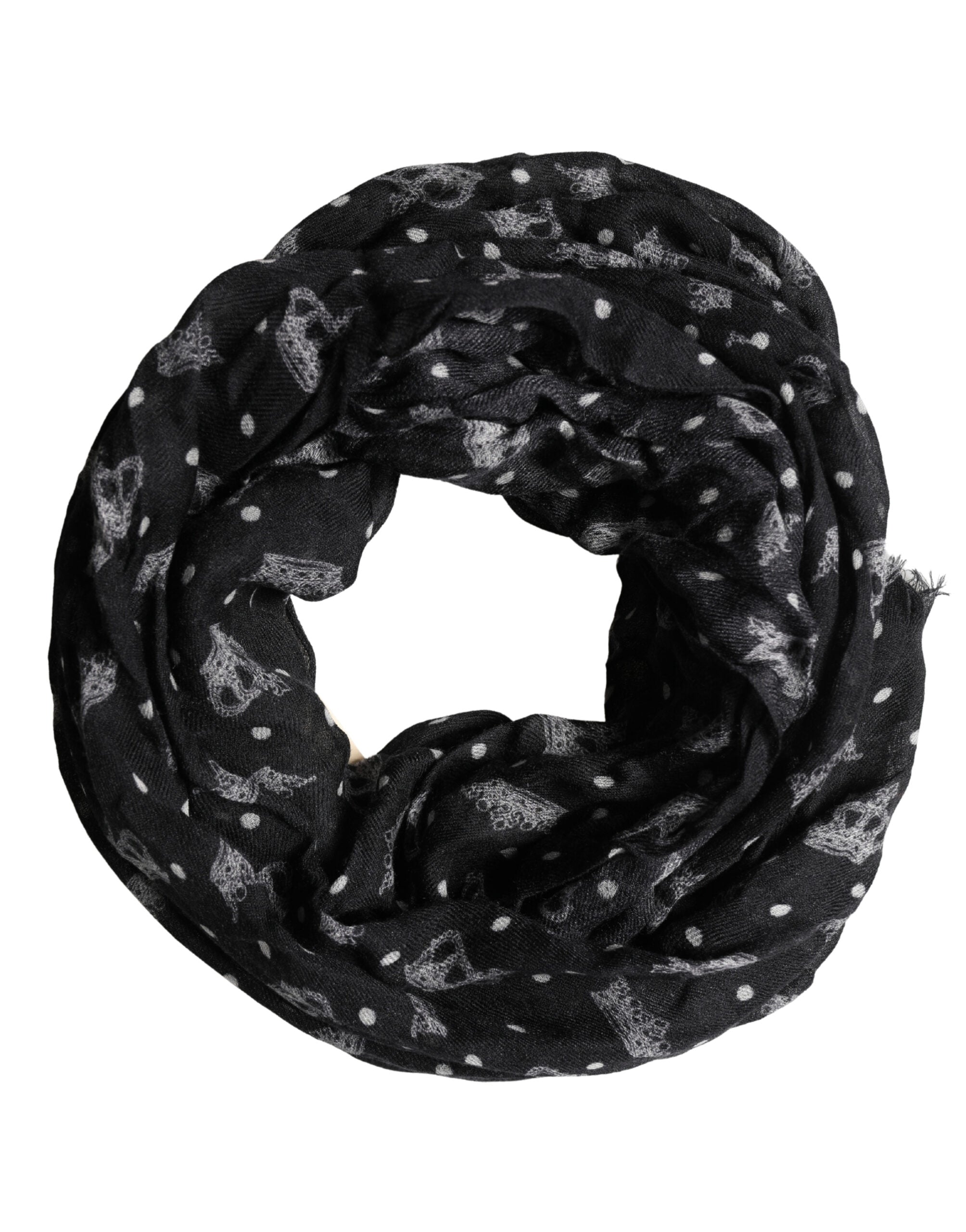 Black Wool Crown Print Fringe Neck Wrap 180cm x 65cm Scarf