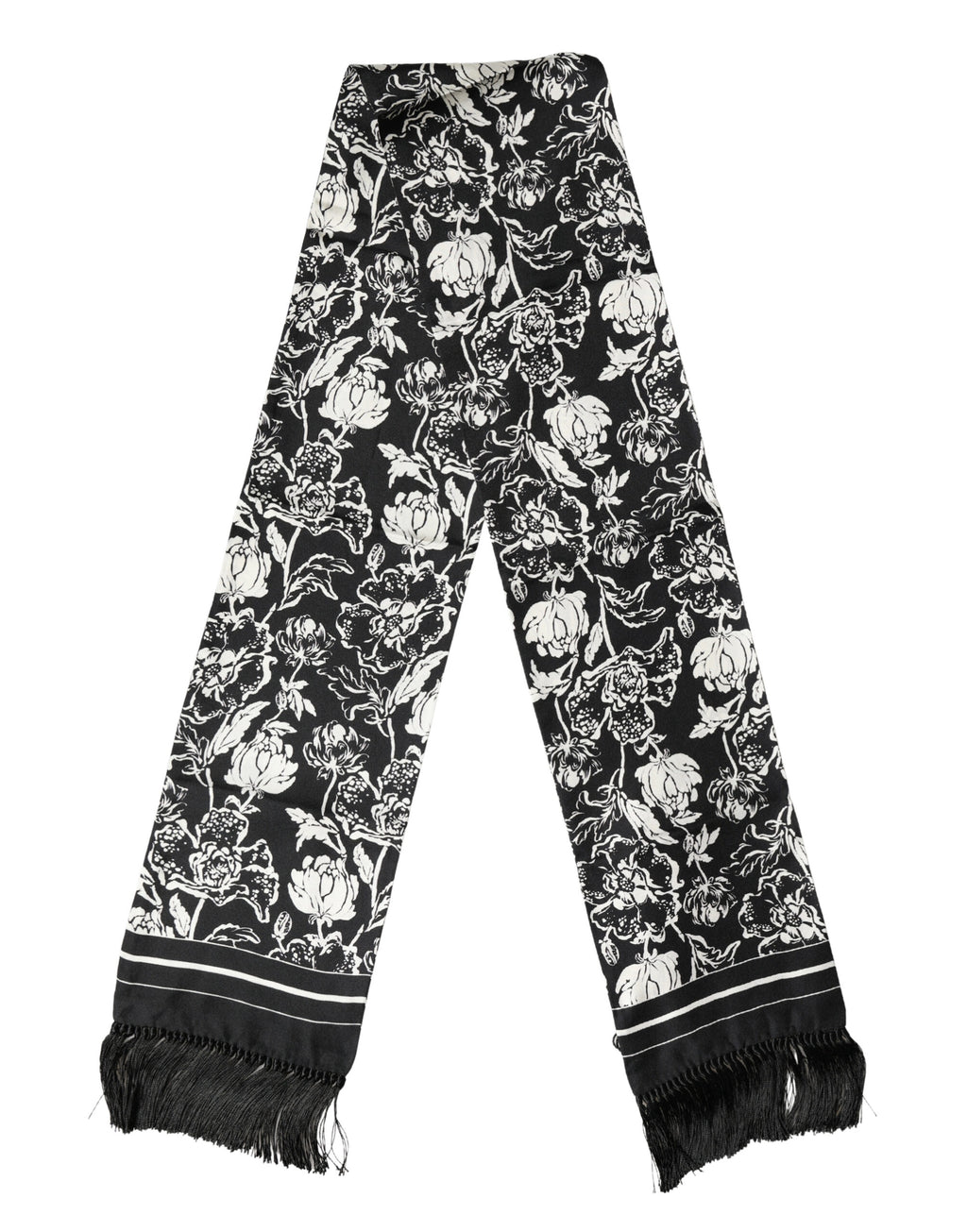 Black White Silk Floral Print Fringe 136cm X 15.5cm  Scarf