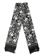 Black White Silk Floral Print Fringe 136cm X 15.5cm  Scarf