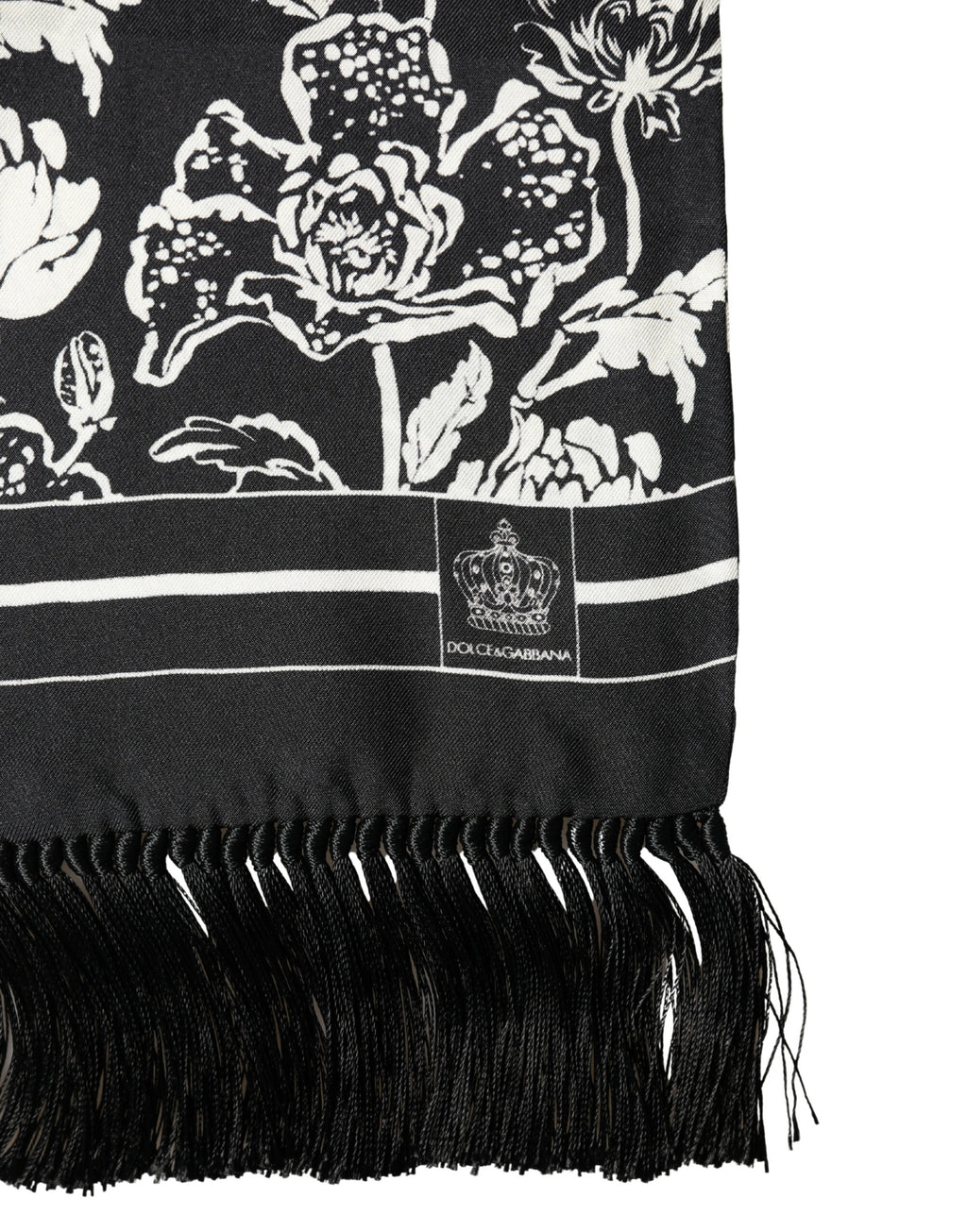 Black White Silk Floral Print Fringe 136cm X 15.5cm  Scarf