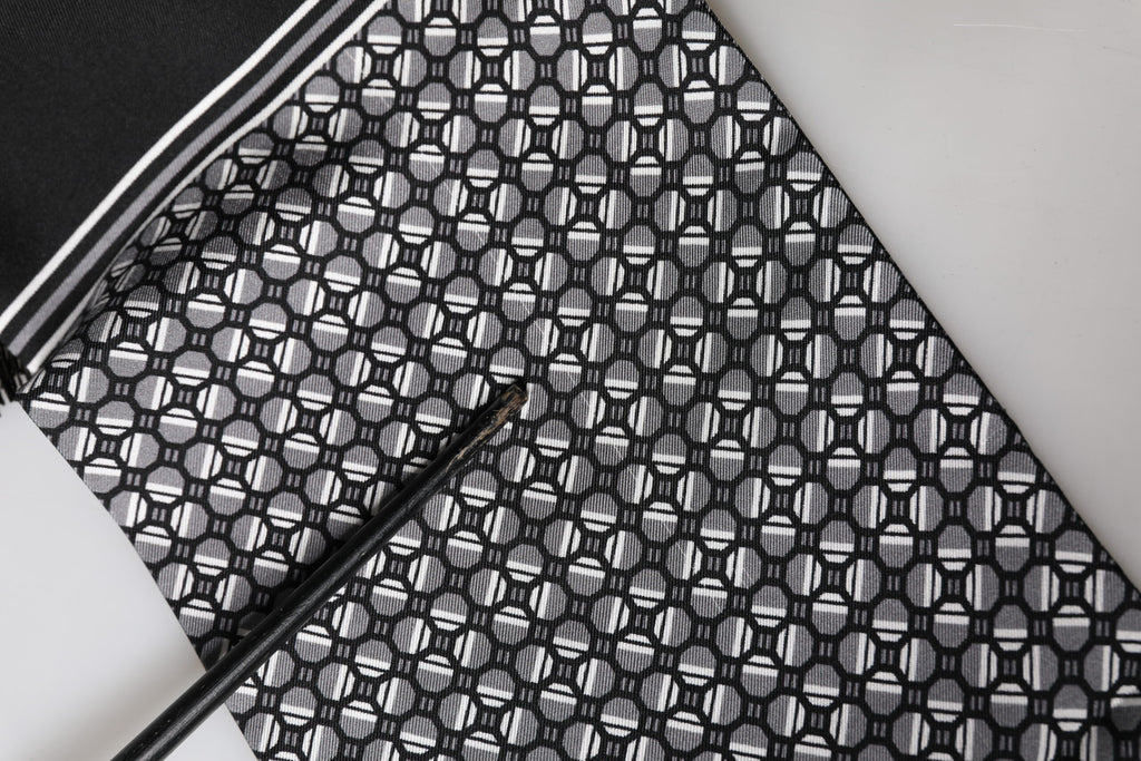 Black Silk Geometric Fringed Foulard 140cm x 15cm Scarf