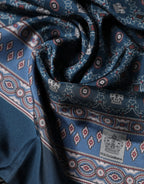 Blue Silk Crown Geometric Wrap Foulard 184cm X 33cm Scarf