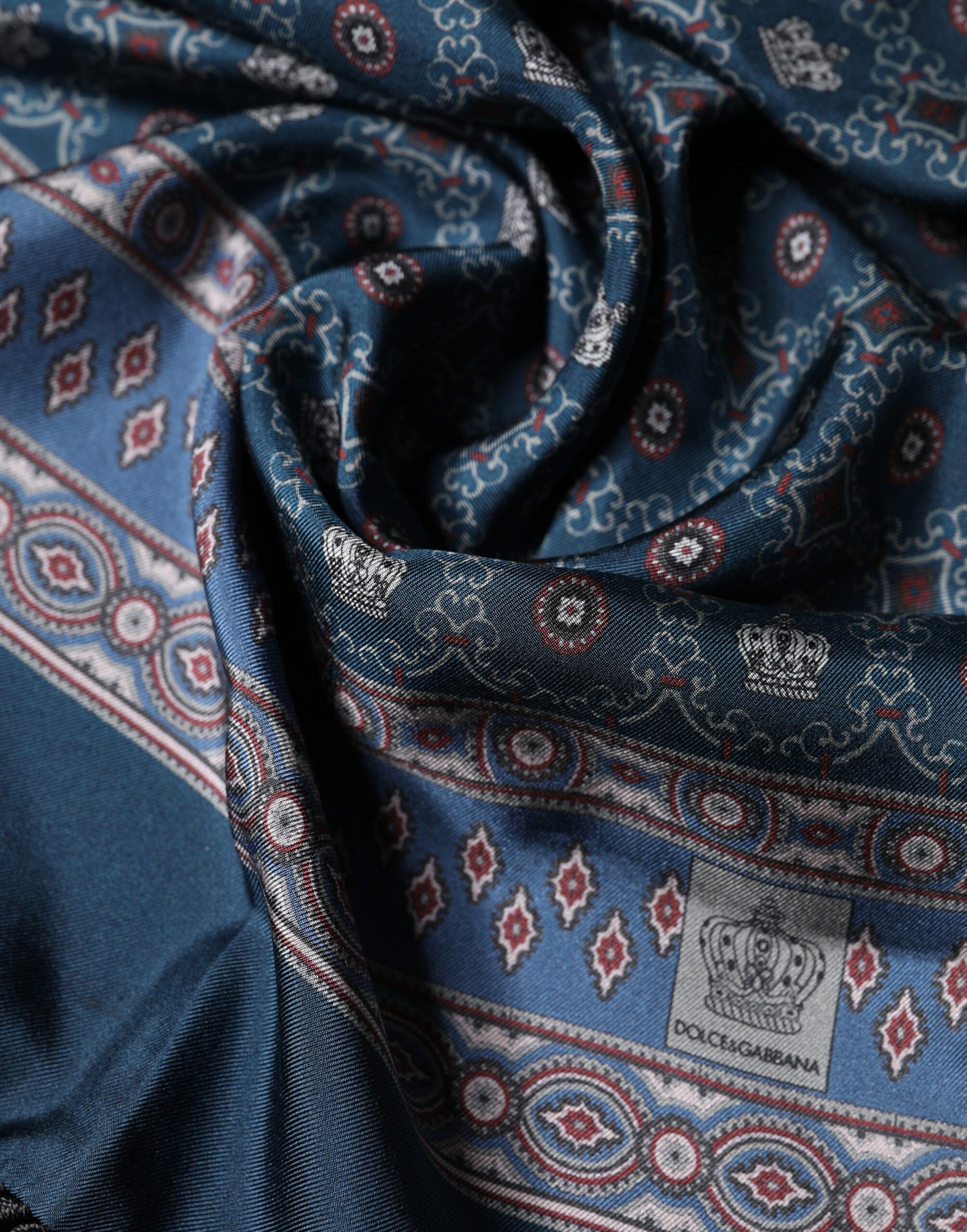 Blue Silk Crown Geometric Wrap Foulard 184cm X 33cm Scarf