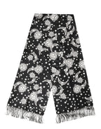 Black Silk Sun Moon Star Fringe Foulard 178cm X 33cm Scarf