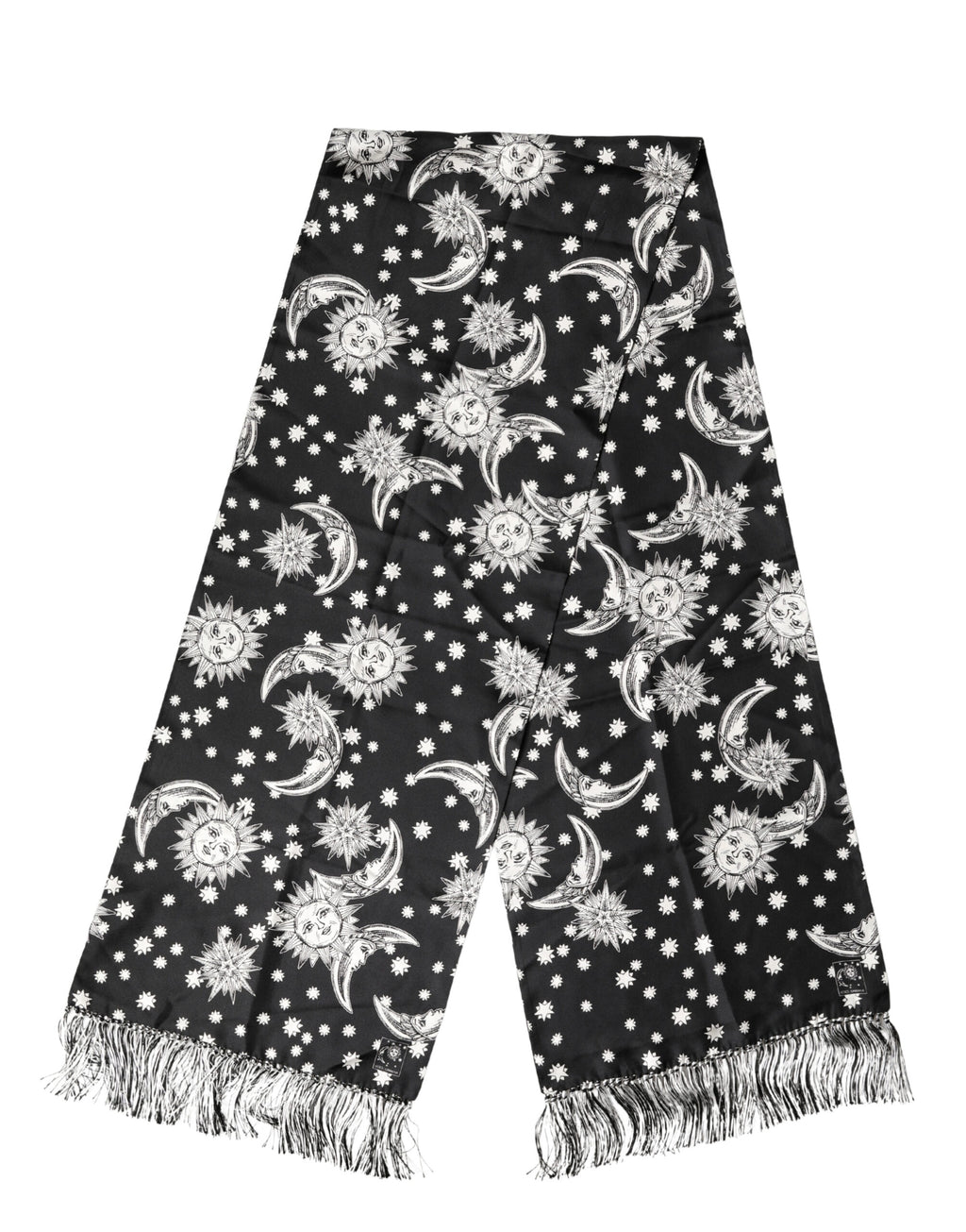 Black Silk Sun Moon Star Fringe Foulard 178cm X 33cm Scarf