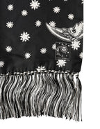 Black Silk Sun Moon Star Fringe Foulard 178cm X 33cm Scarf