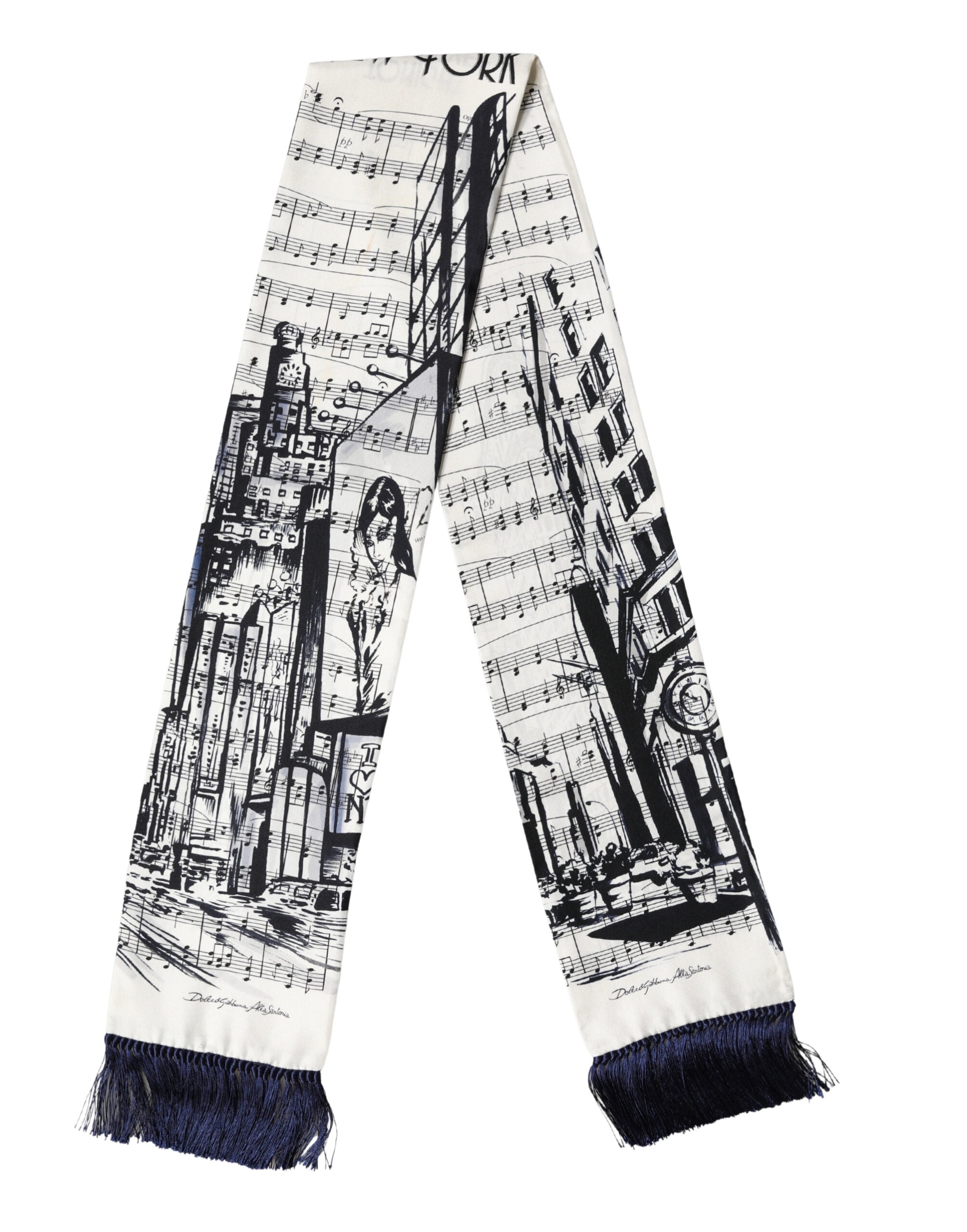 White Black Music City Print Silk Fringe 141cm X 15cm Scarf
