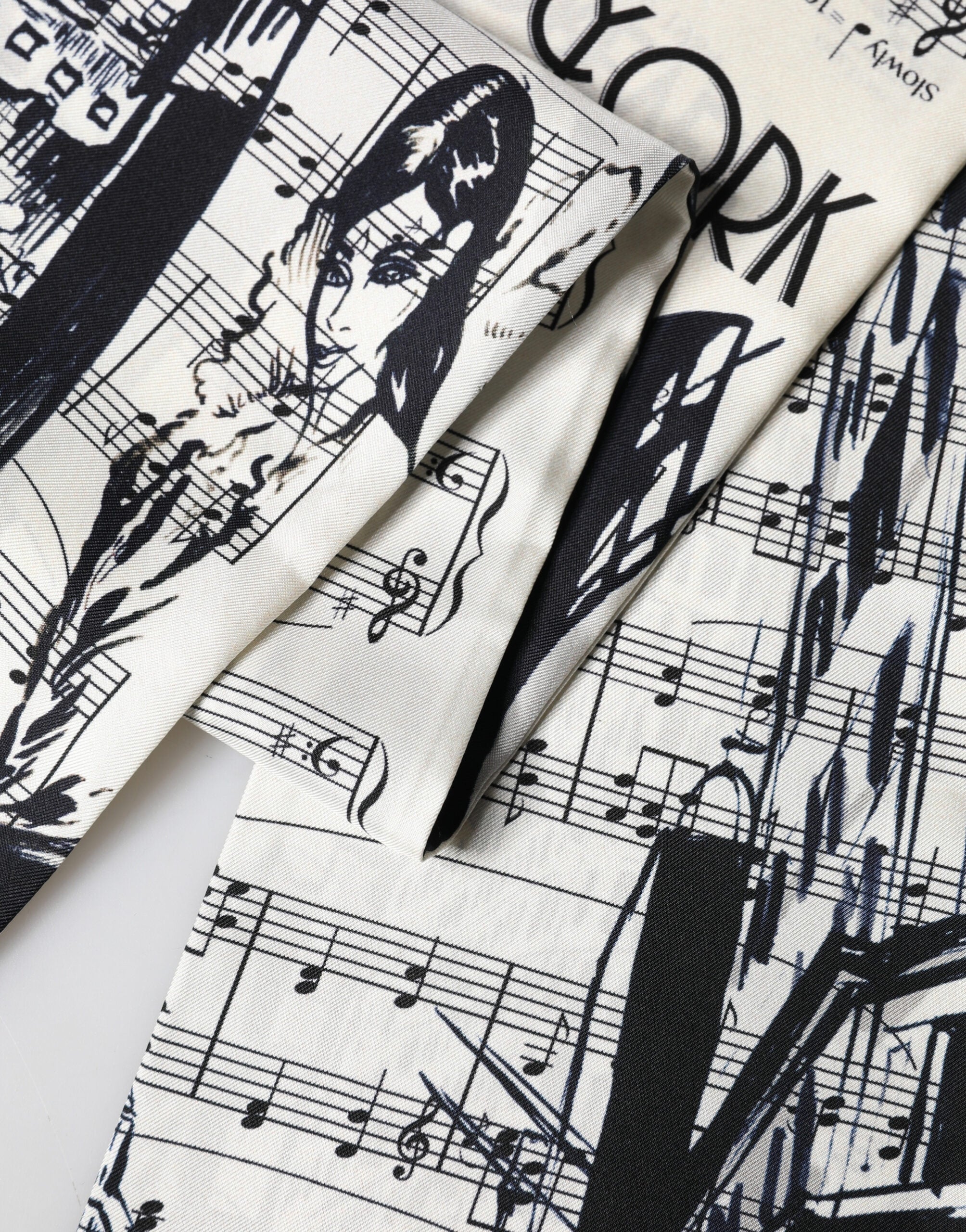 White Black Music City Print Silk Fringe 141cm X 15cm Scarf