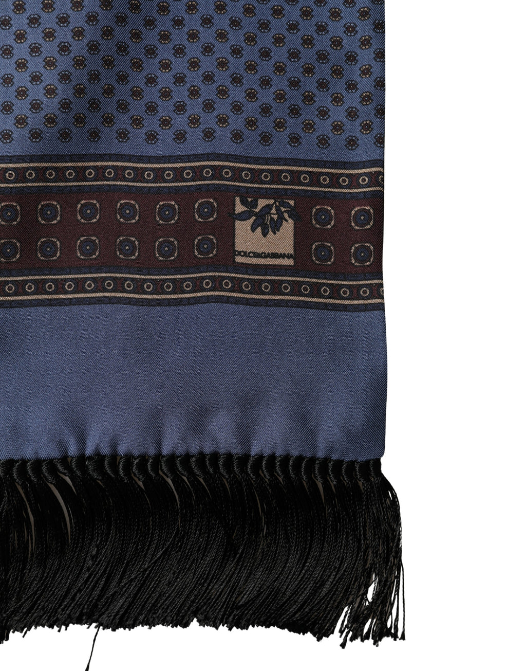 Blue Silk Geometric Fringe Foulard Wrap 131.5x15.5cm Scarf