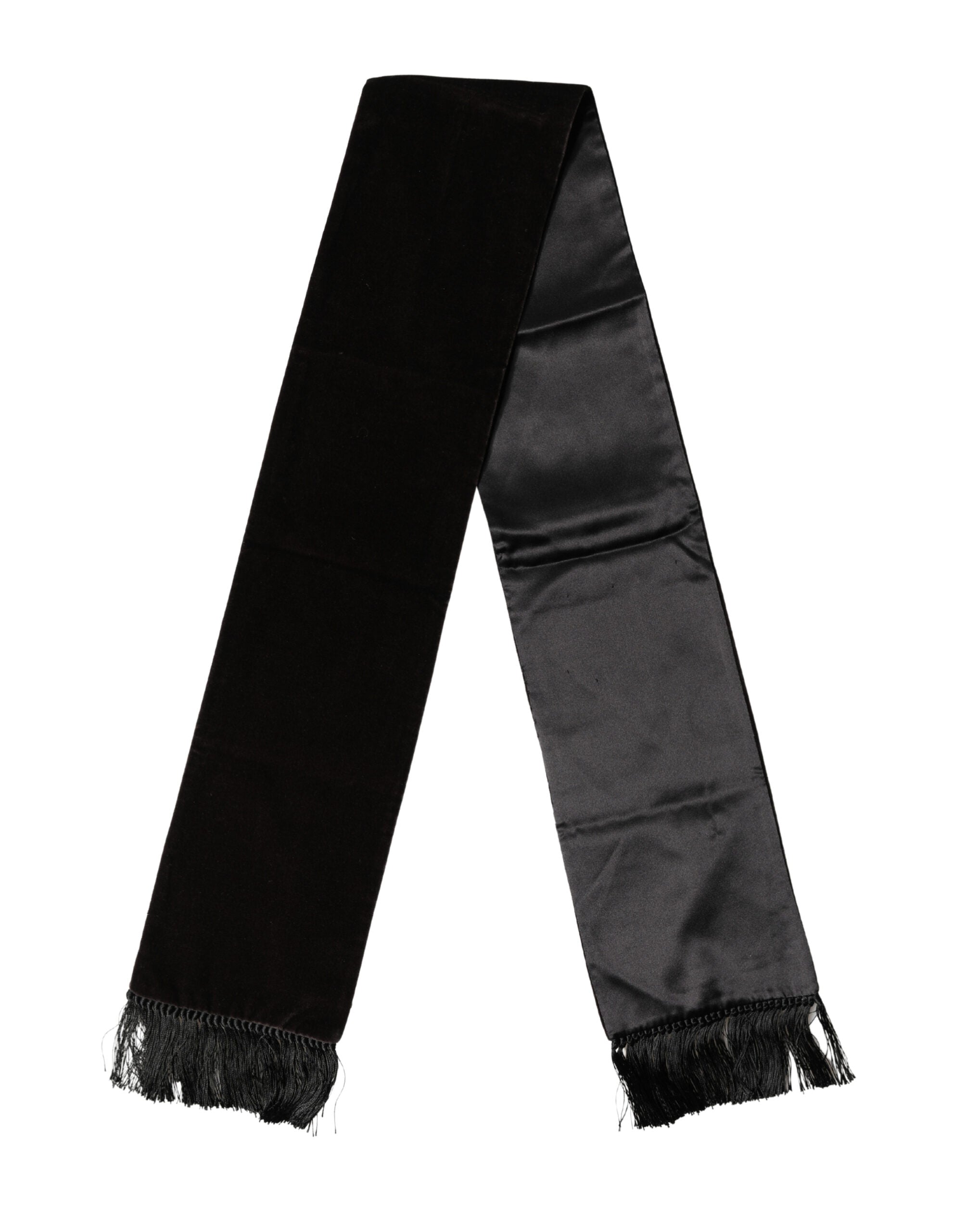 Black Silk Fringe Neck Wrap Foulard 139.5cm x 15.5cm Scarf