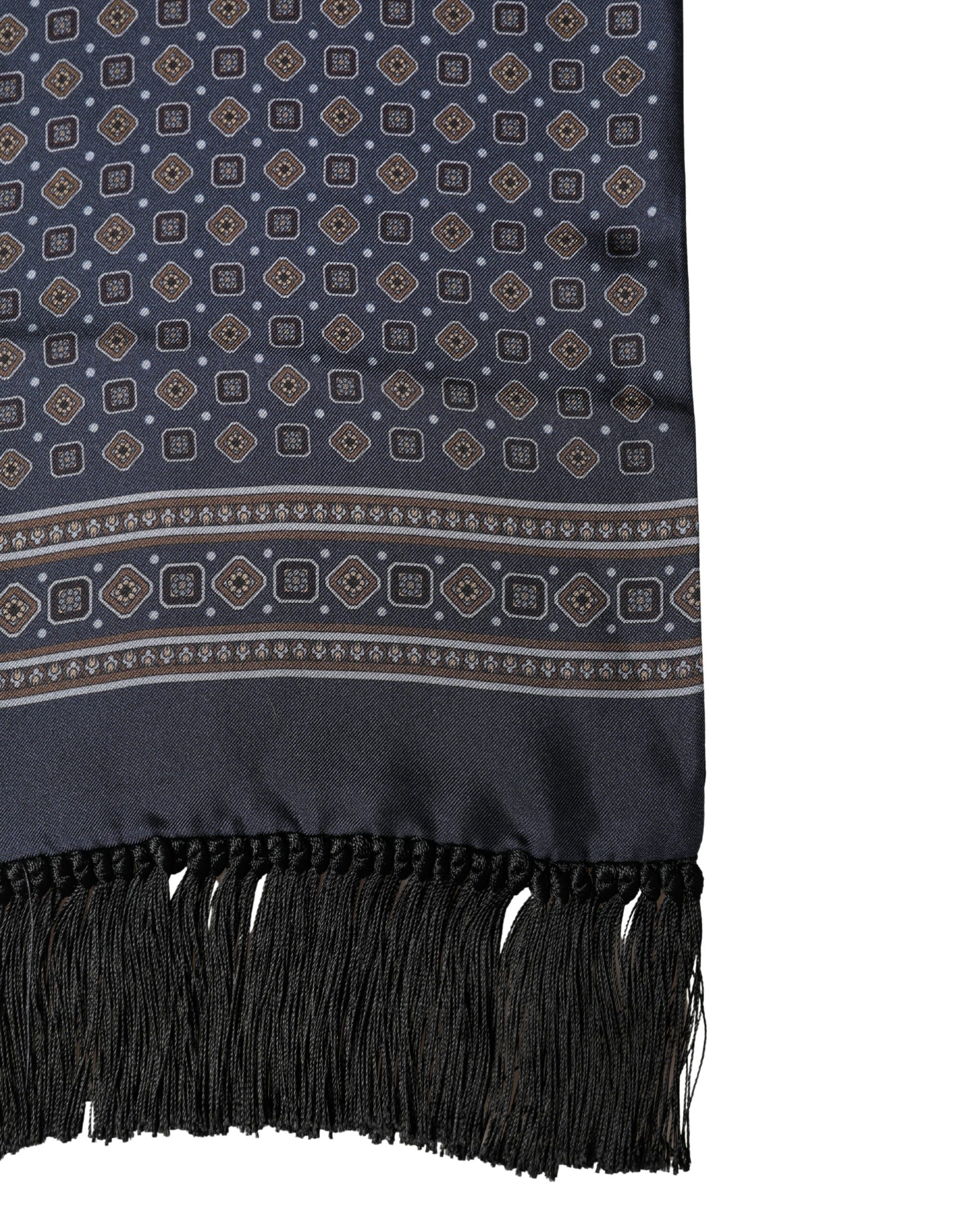 Navy Silk Geometric Fringe Foulard 137cm x 18cm Scarf