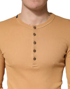 Camel Ribbed Cotton Long Sleeve Henley Sweater