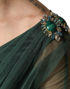 Green Ruched Mesh Sheer Sleeves Midi Dress