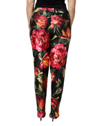 Black Floral Silk Mid Waist Tailored Trousers Pants